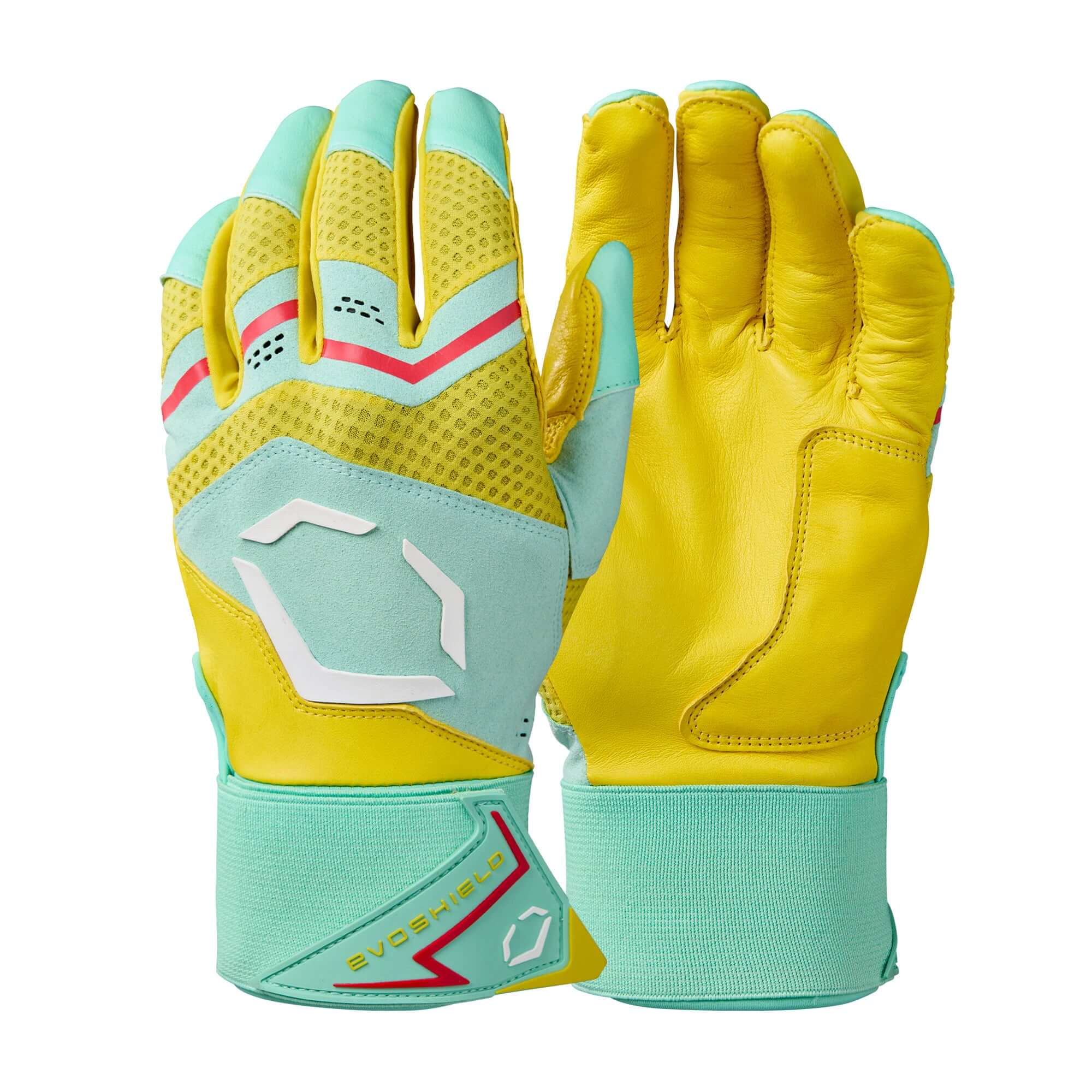 Evoshield Adult Carbyne Batting Gloves With Strap - Yellow/Seafoamed/Red