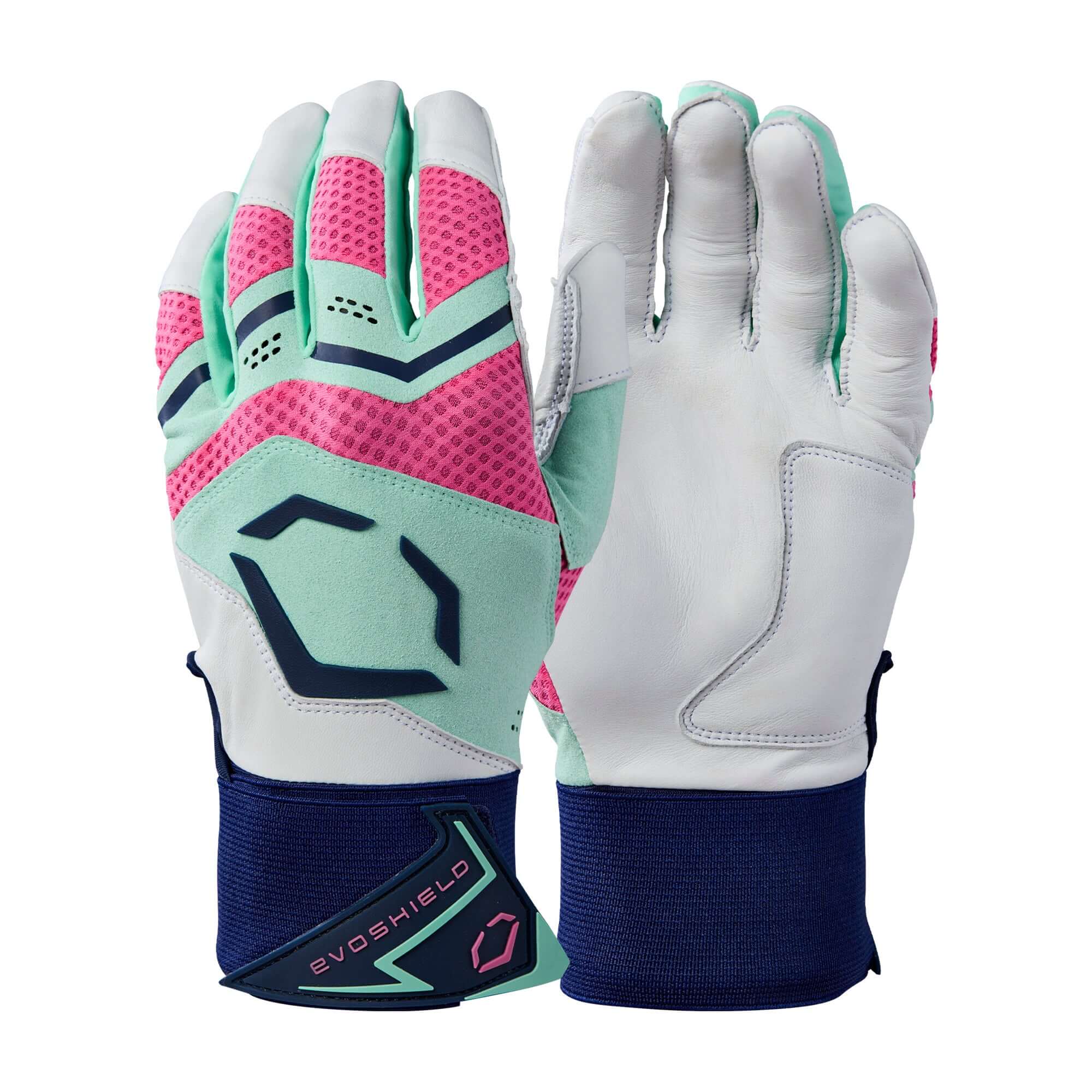 Evoshield Youth Carbyne Batting Gloves With Strap - Navy/Seafoam/Pink
