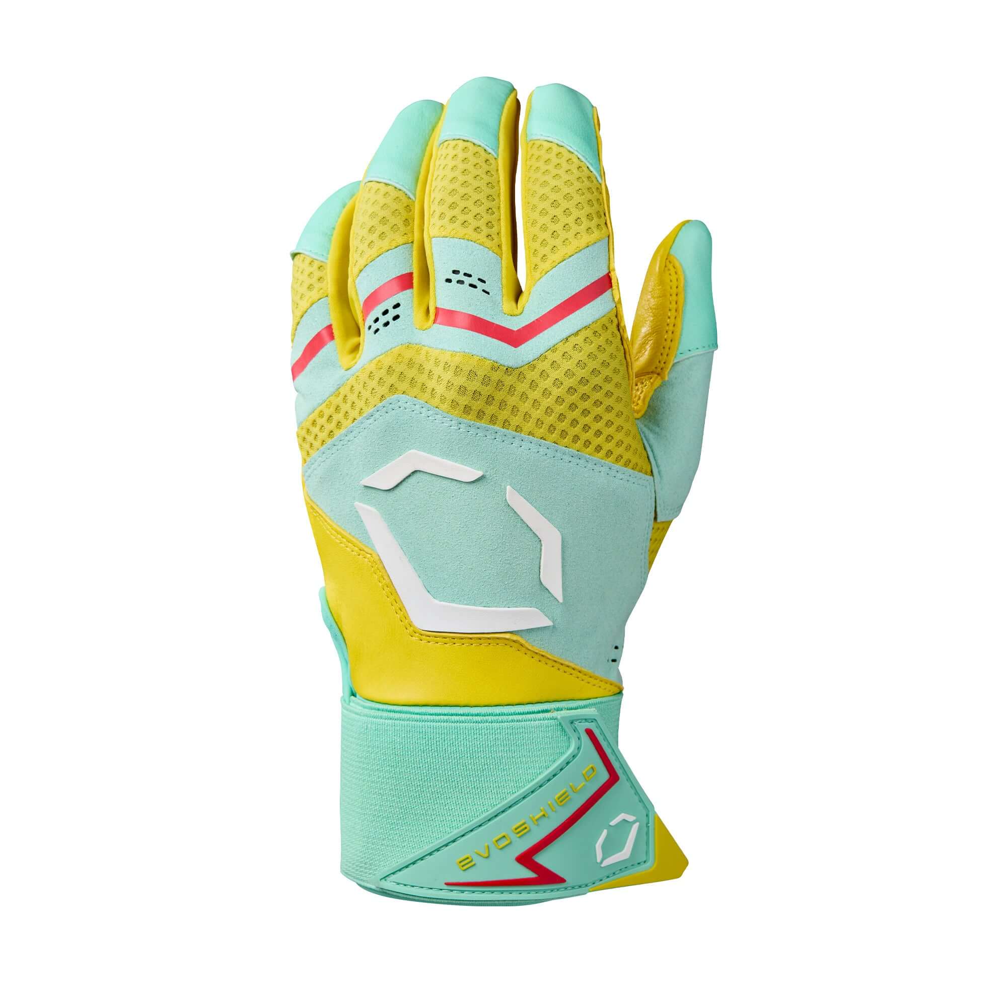 Evoshield Youth Carbyne Batting Gloves With Strap - Yellow/Seafoamed/Red - Image 2