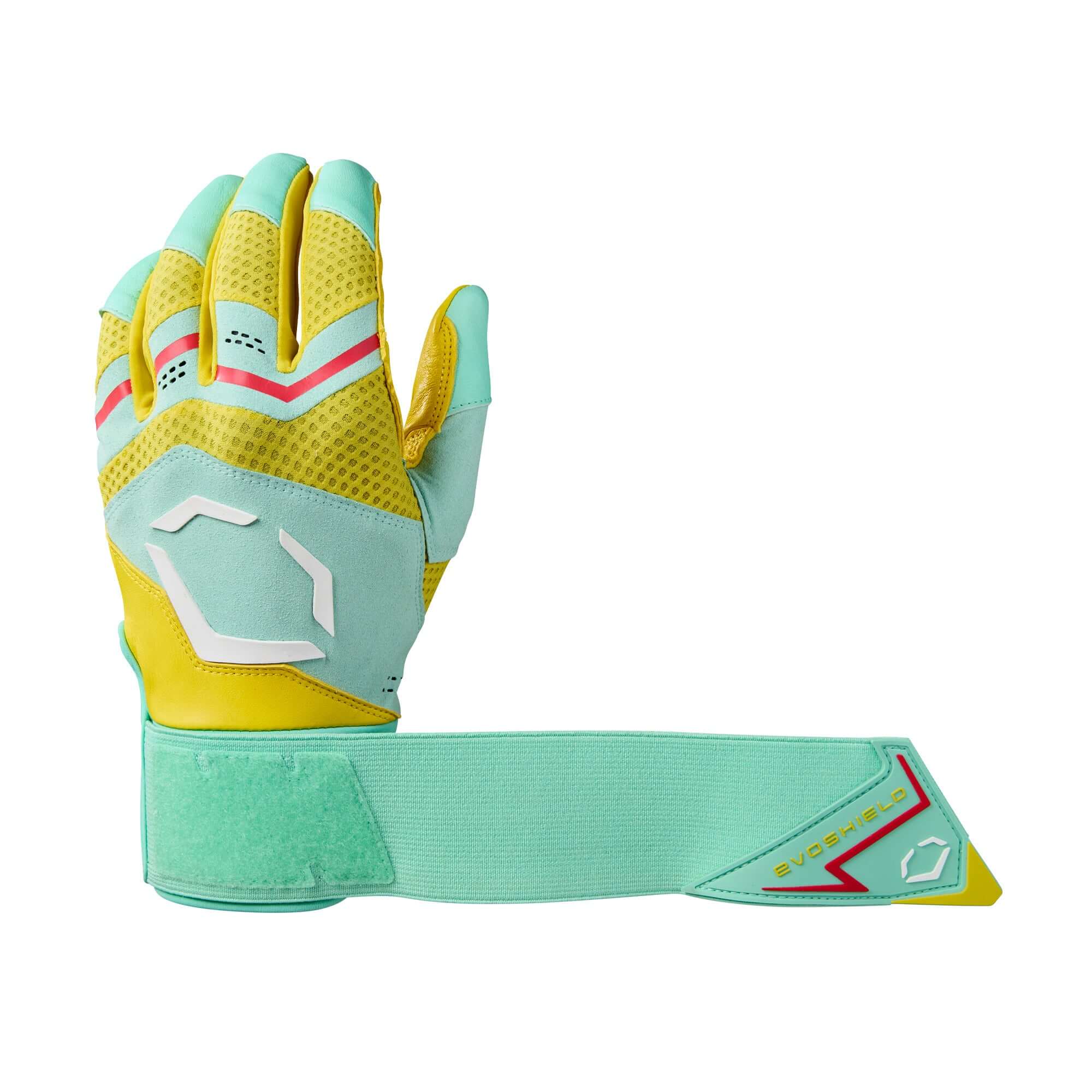 Evoshield Youth Carbyne Batting Gloves With Strap - Yellow/Seafoamed/Red - Image 7