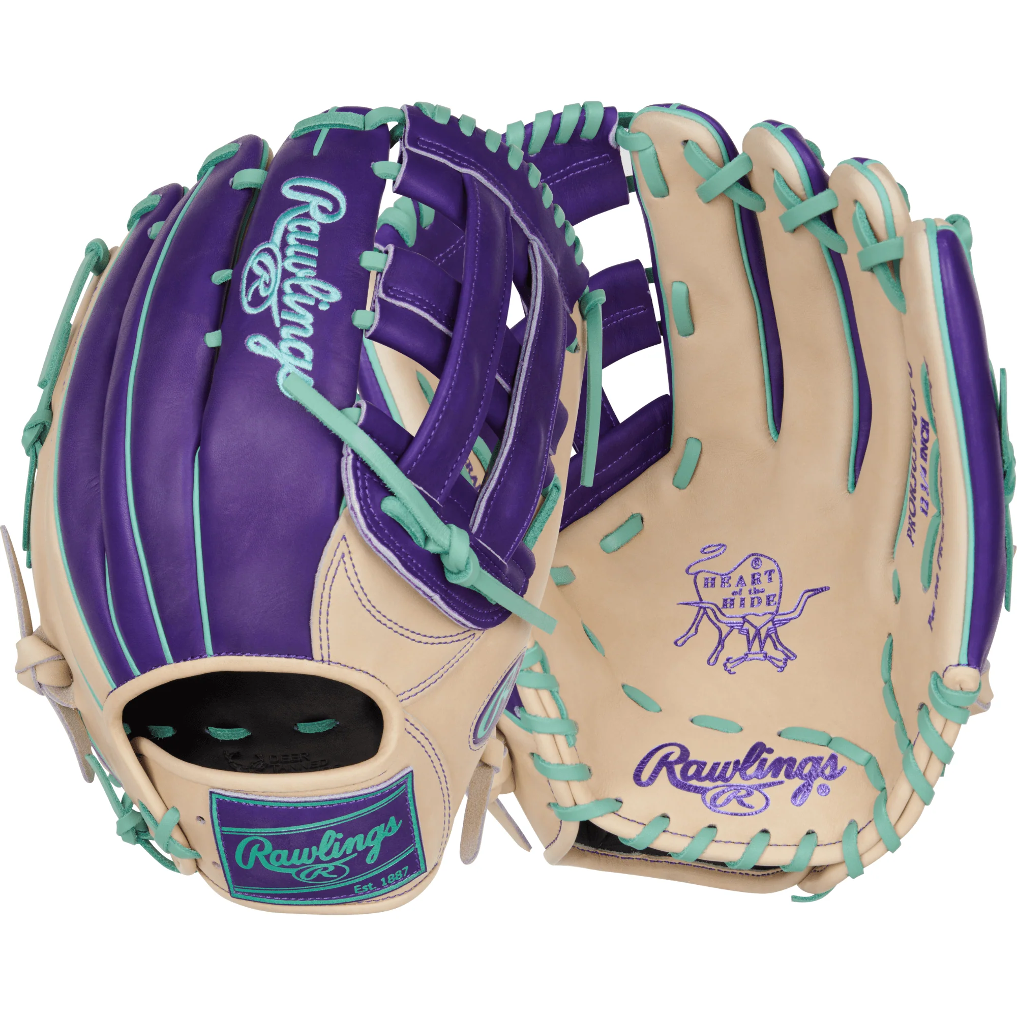 Rawlings Heart of the Hide Color Sync 9.0 Outfield Glove 12.75" Camel/Purple LHT