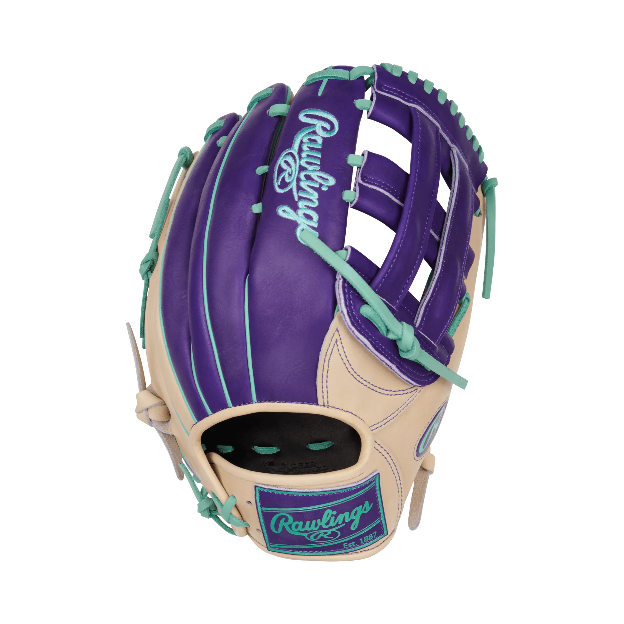 Rawlings Heart of the Hide Color Sync 9.0 Outfield Glove 12.75" Camel/Purple LHT - Image 2