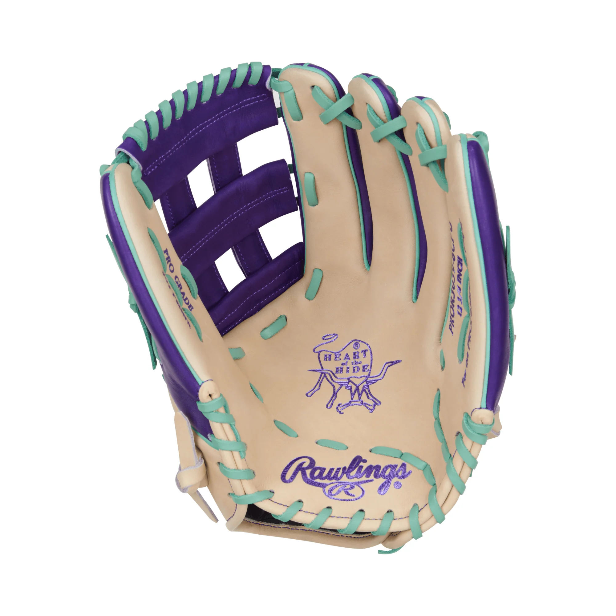 Rawlings Heart of the Hide Color Sync 9.0 Outfield Glove 12.75" Camel/Purple LHT - Image 3