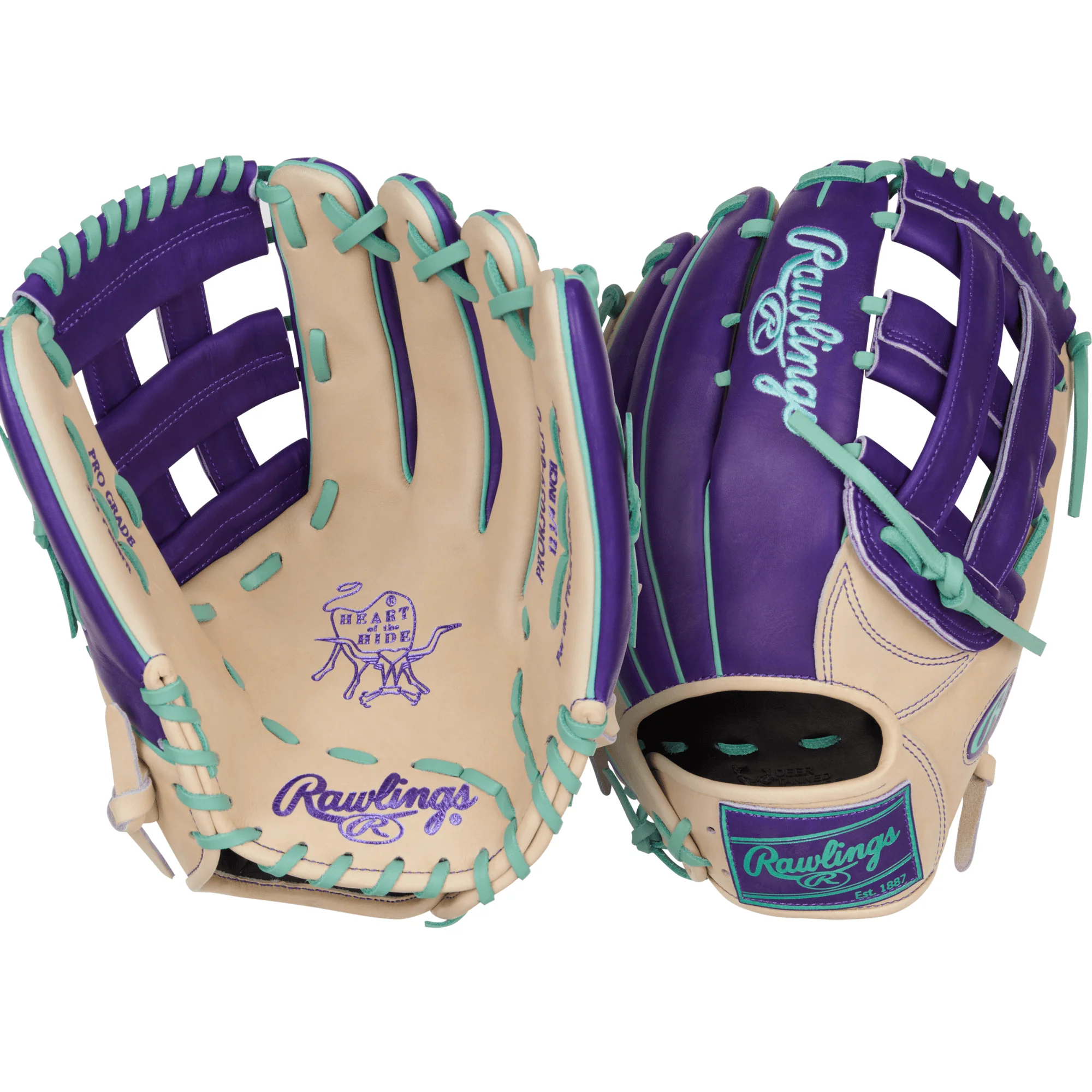 Rawlings Heart of the Hide Color Sync 9.0 Outfield Glove 12.75" Camel/Purple LHT - Image 6