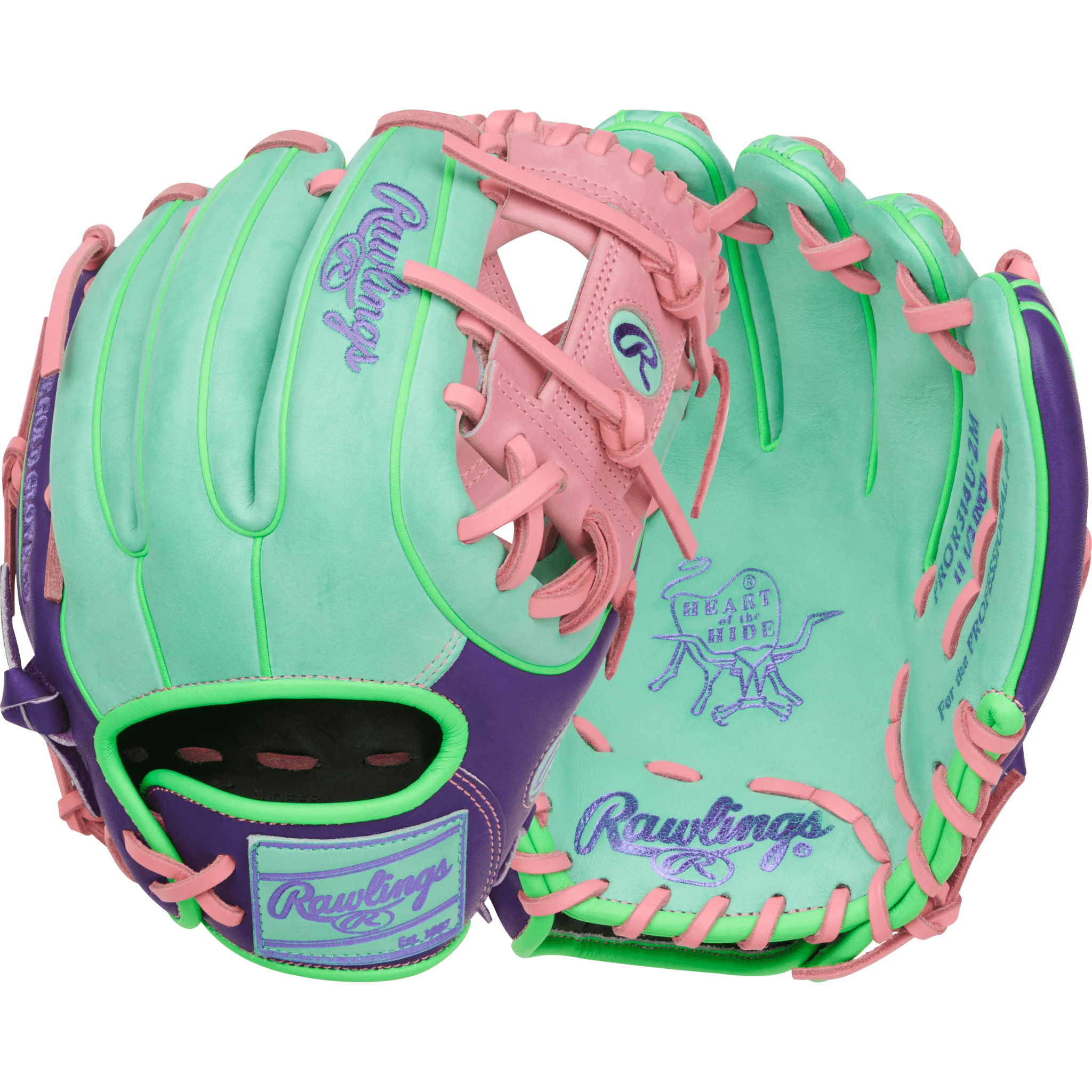 Rawlings Heart of the Hide Contour Fit Infield Baseball Glove 11.5" Mint/Purple/Pink