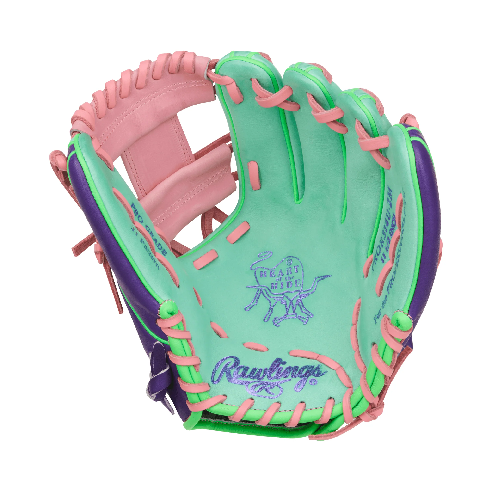 Rawlings Heart of the Hide Contour Fit Infield Baseball Glove 11.5" Mint/Purple/Pink - Image 3