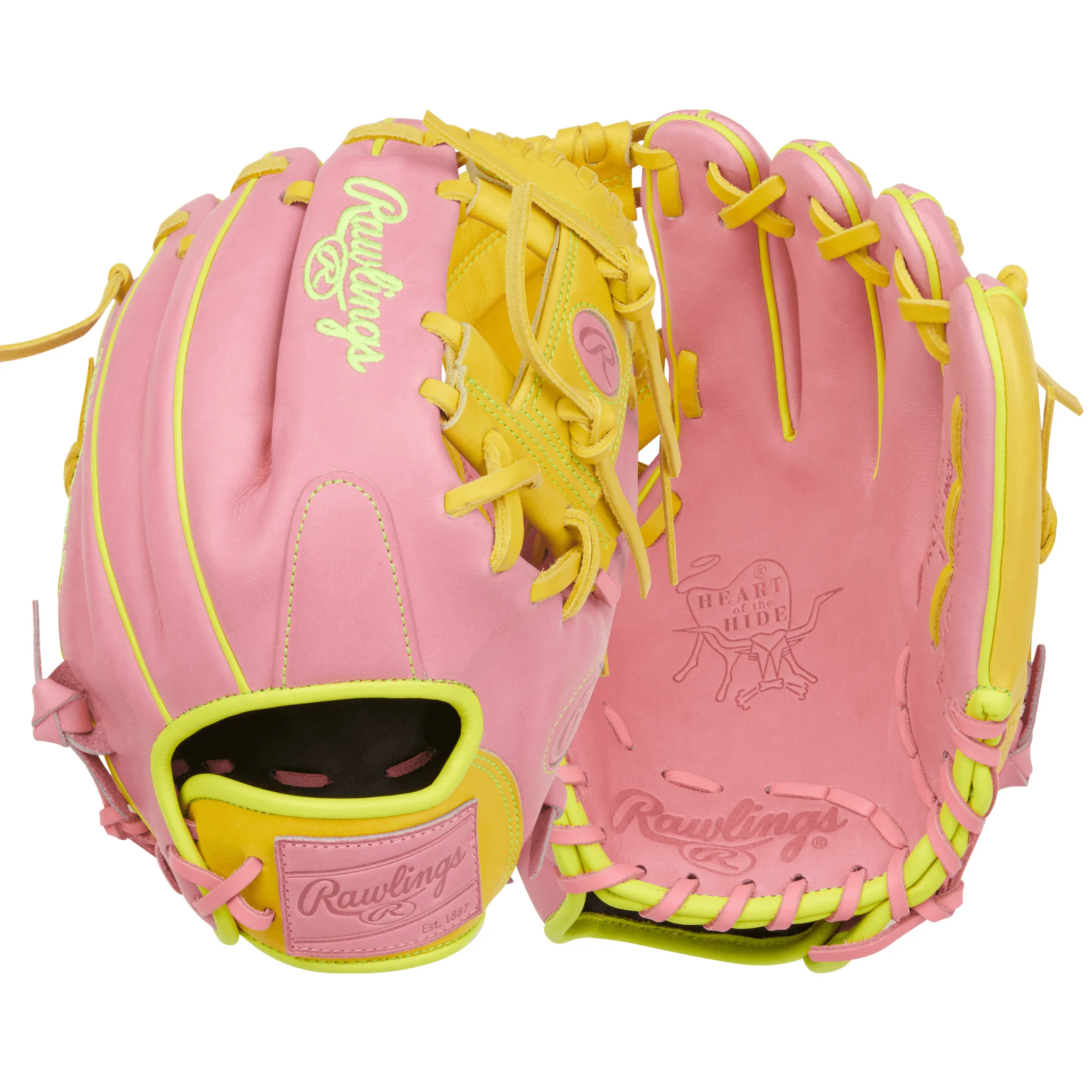 Rawlings Heart of the Hide Series Contour Fit Infield Baseball Glove 11.5" Pink/Yellow