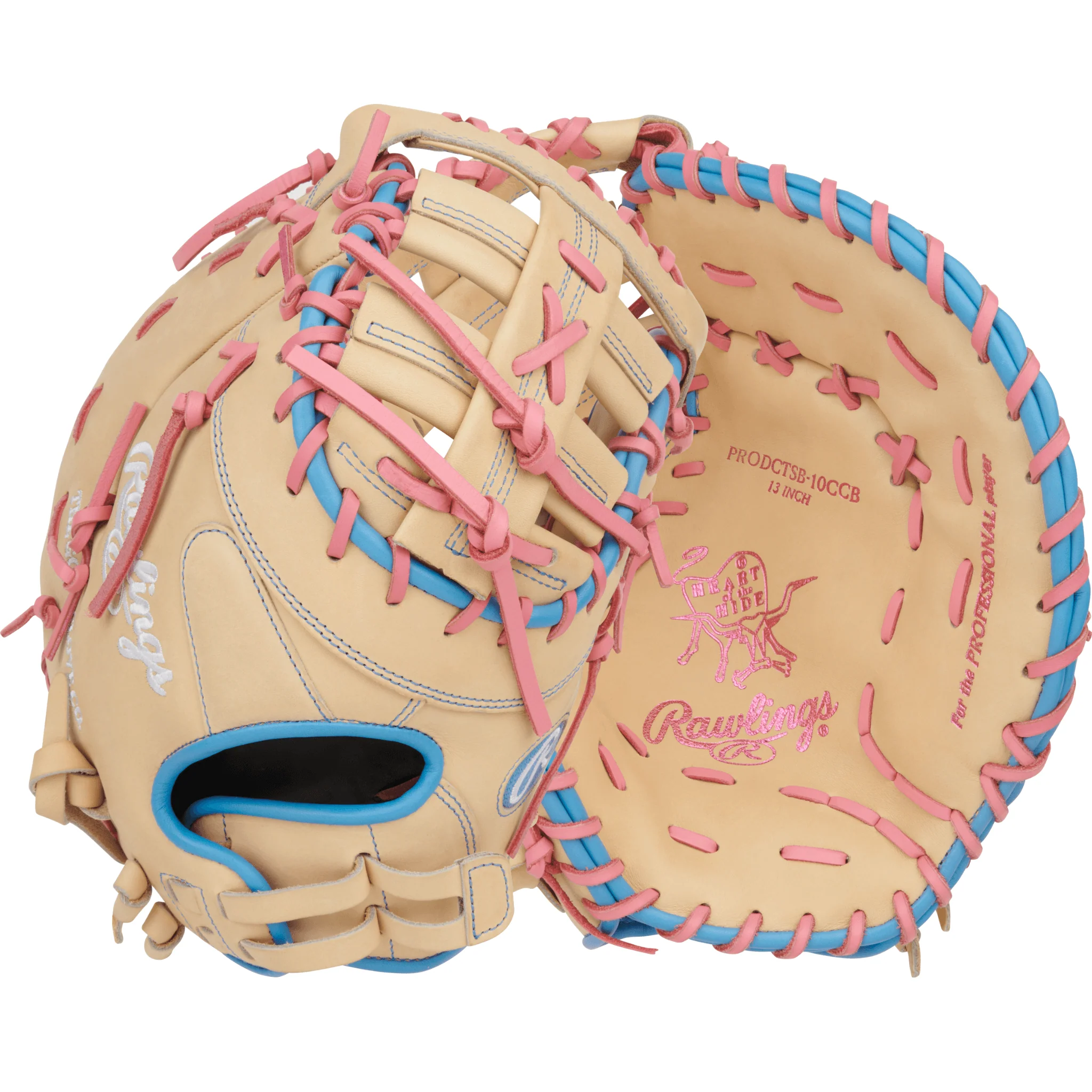 Rawlings Heart of the Hide Series First Base Mitt Softball Glove 13" - Camel/Pink/Col. Blue - RHT