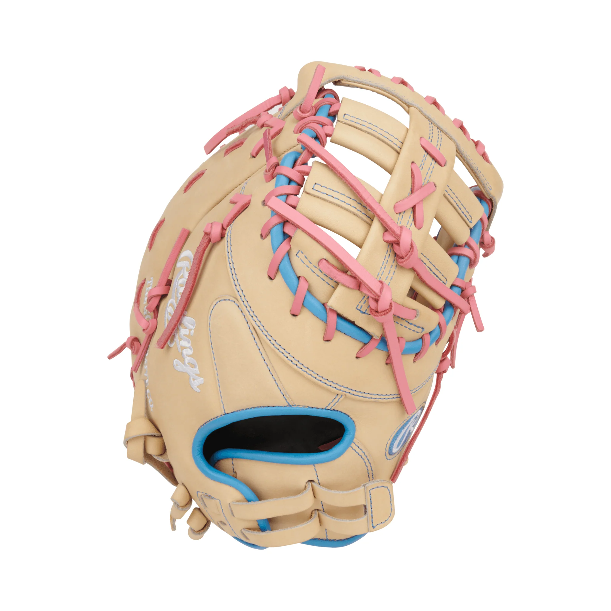 Rawlings Heart of the Hide Series First Base Mitt Softball Glove 13" - Camel/Pink/Col. Blue - LHT - Image 2