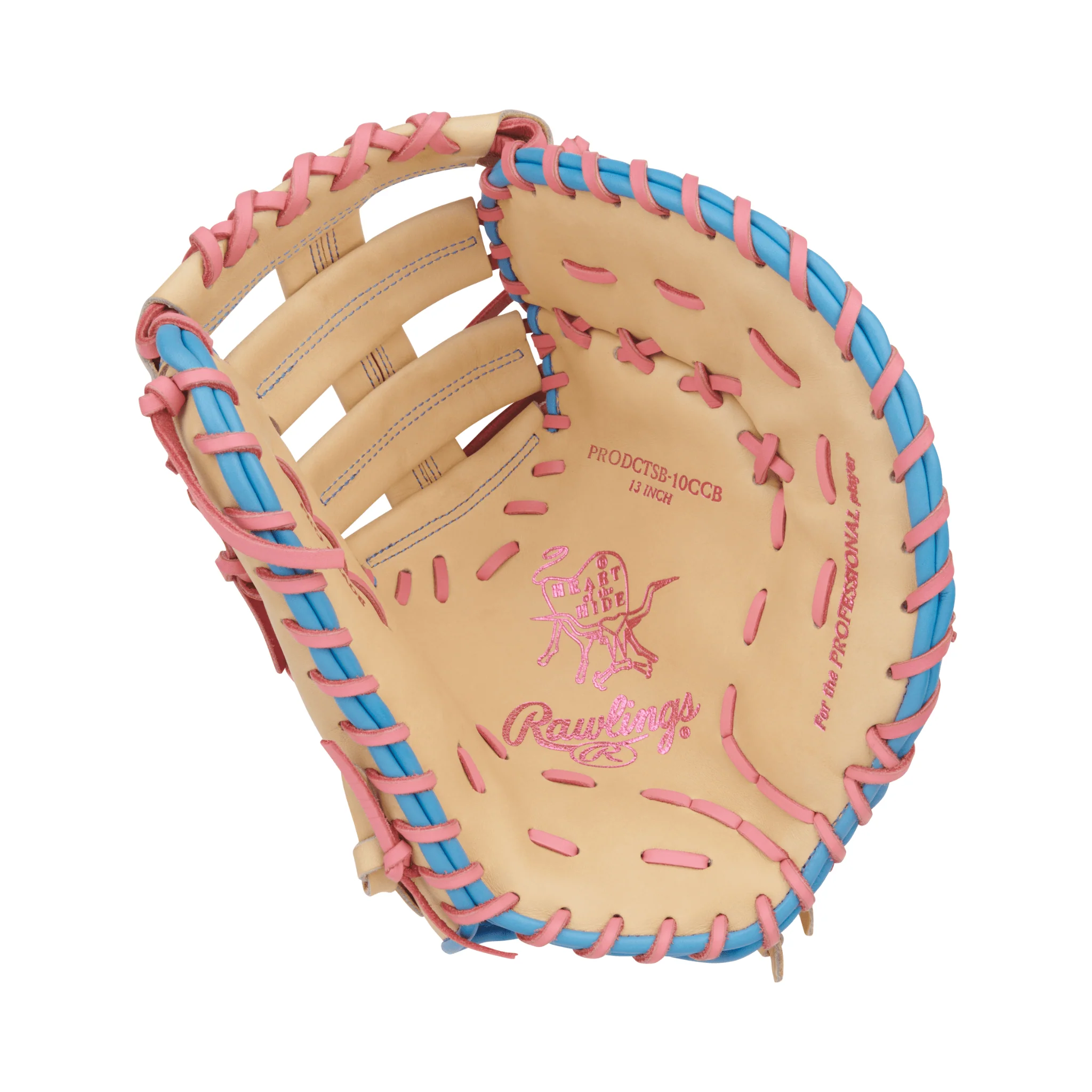 Rawlings Heart of the Hide Series First Base Mitt Softball Glove 13" - Camel/Pink/Col. Blue - LHT - Image 3