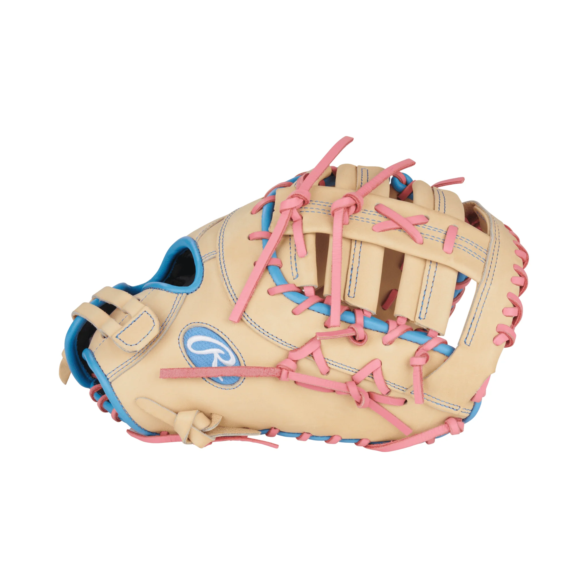 Rawlings Heart of the Hide Series First Base Mitt Softball Glove 13" - Camel/Pink/Col. Blue - LHT - Image 4