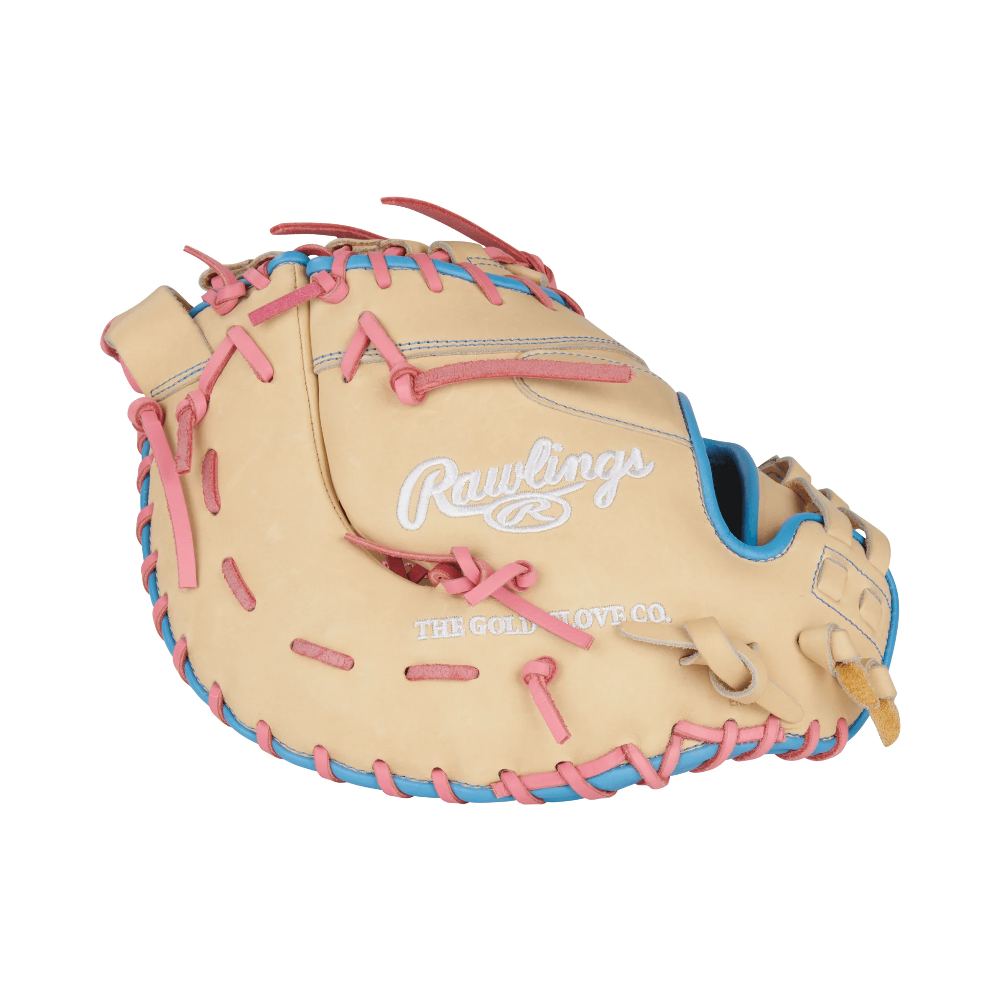 Rawlings Heart of the Hide Series First Base Mitt Softball Glove 13" - Camel/Pink/Col. Blue - LHT - Image 5