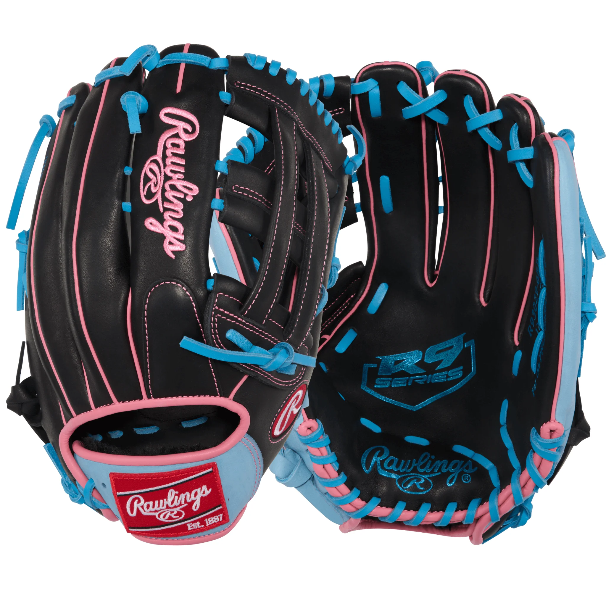 Rawlings R9 Baseball Series Outfield Baseball Glove 12.75" - Black/Col. Blue/Pink - LHT