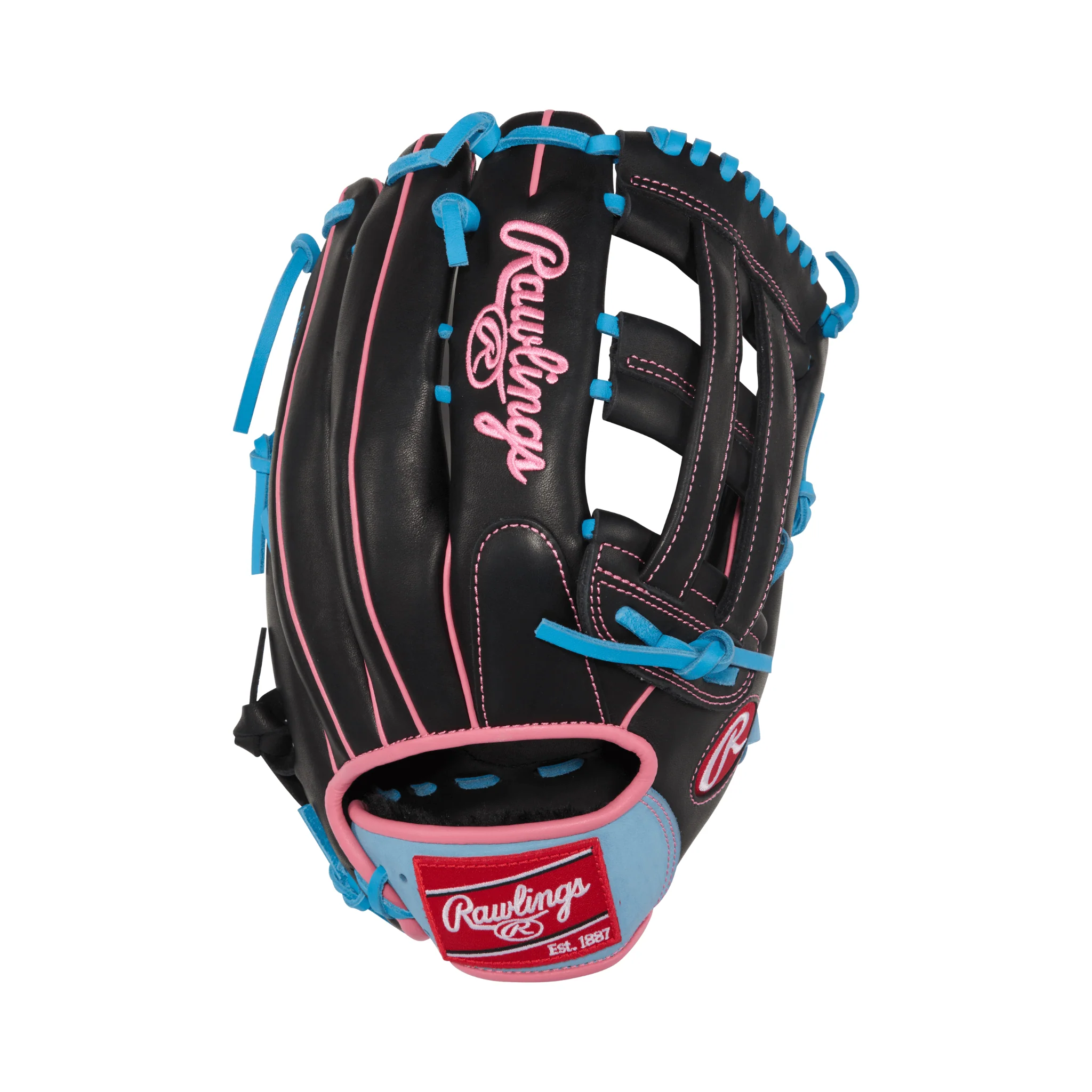 Rawlings R9 Baseball Series Outfield Baseball Glove 12.75" - Black/Col. Blue/Pink - LHT - Image 2