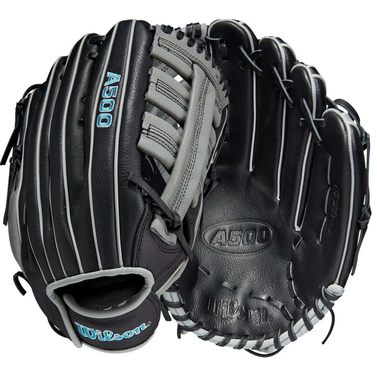 Wilson A500 12.5" 23 Youth Baseball Glove - Black/Grey/Tropical Blue - LHT