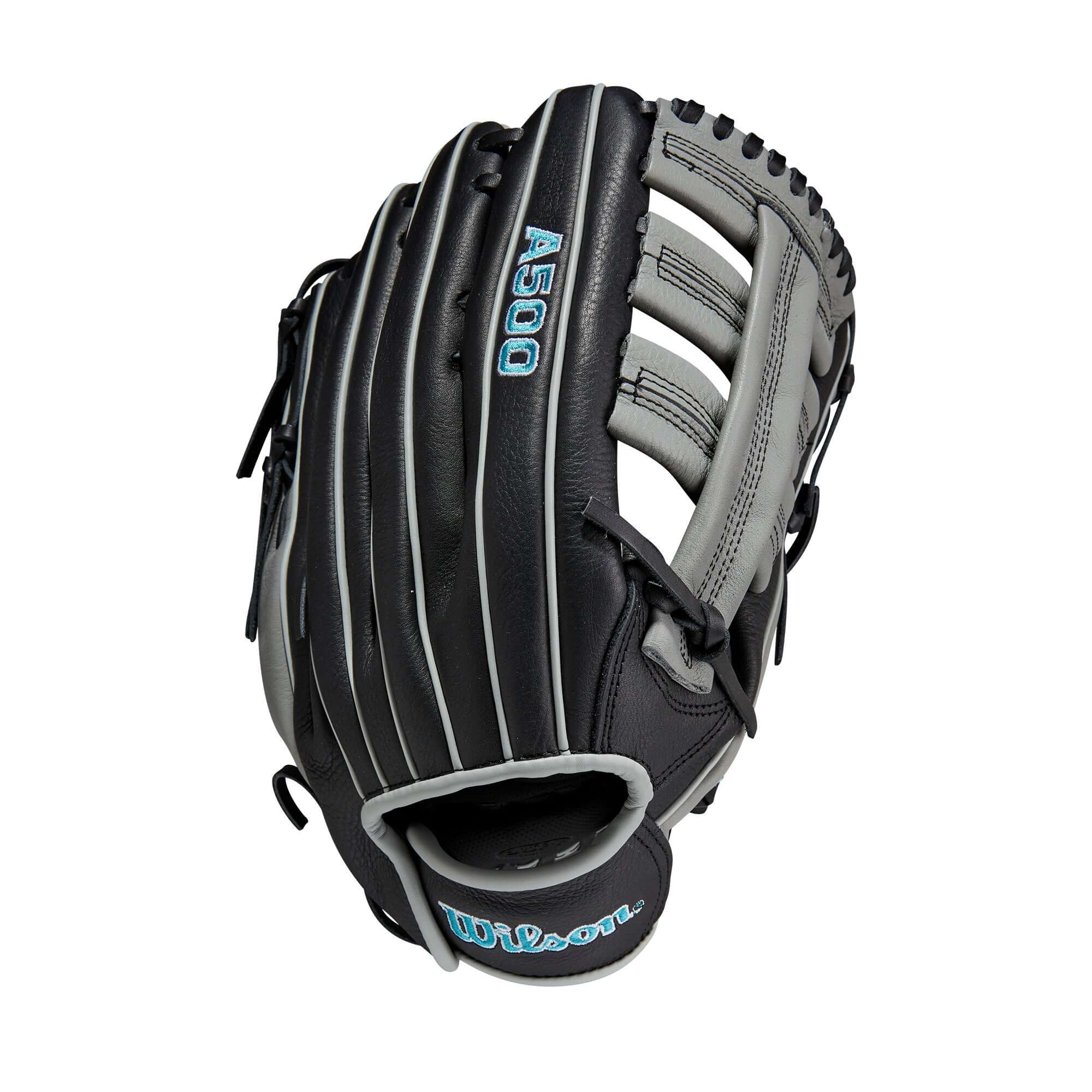 Wilson A500 12.5" 23 Youth Baseball Glove - Black/Grey/Tropical Blue - LHT - Image 2