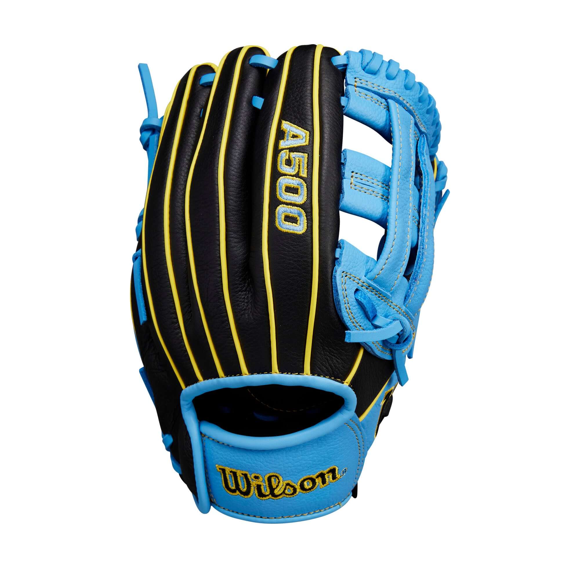 Wilson A500 Utility Glove 25 Black/Cool Blue/Yellow  10.5” - Image 2